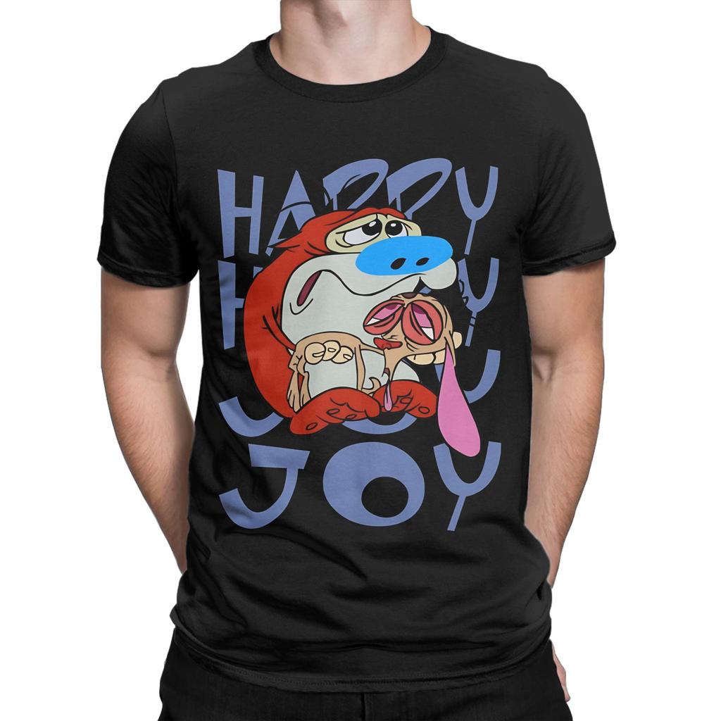 T-shirt Ren And Stimpy Happy Happy Joy Joy T-shirts de Plage Unisexes Coton Col Rond T-shirts Oversize Manches Courtes Y2k Rétro T-shirt