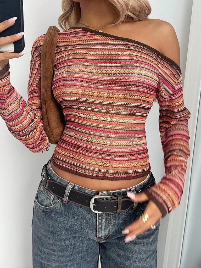 2025 Women's Color Block Stripe Off-the-Shoulder Asymmetrical Long Sleeve Top
