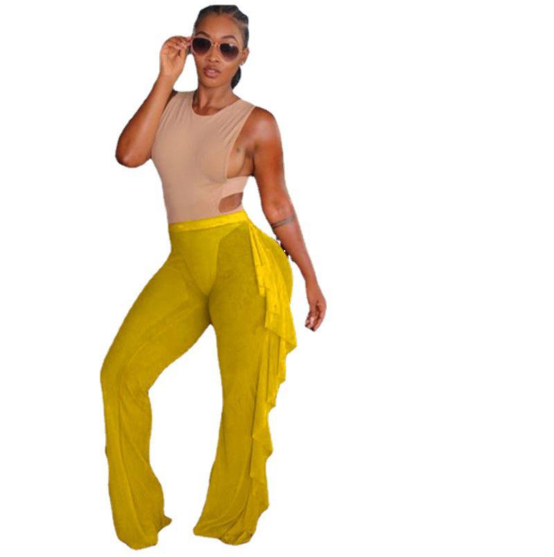 Pantalones Europeos y Americanos de Estilo Caliente de Malla con Volantes Semitransparentes de Pierna Ancha