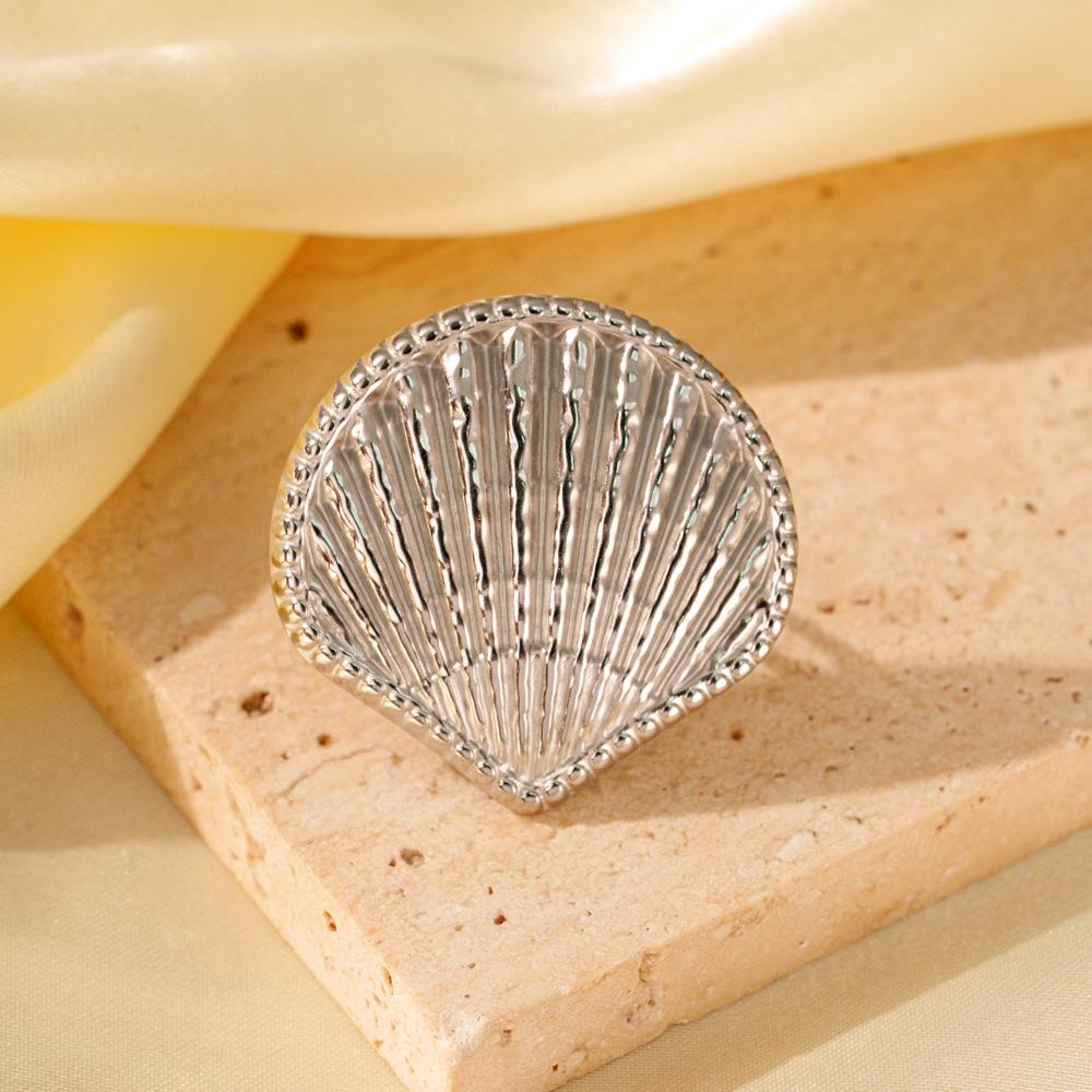 Stainless Steel Shell Fashion Open Ring - European & American Seaside Vacation Style, Niche Design, Non-Fading Jewelry