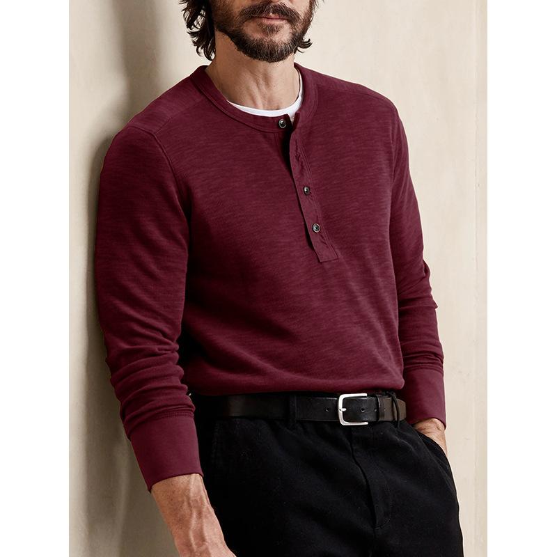 Mens Long Sleeve Crew Neck Fitted Casual Solid Henley T Shirt Top