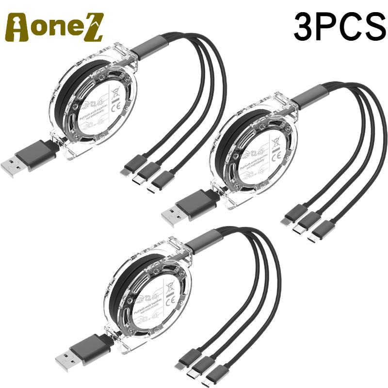 3 in 1 Telescopic Charger Cable USB C Fast Charging for IPhone 15 16 17 Samsung S24 Huawei Android Phone Nylon Braided Durable