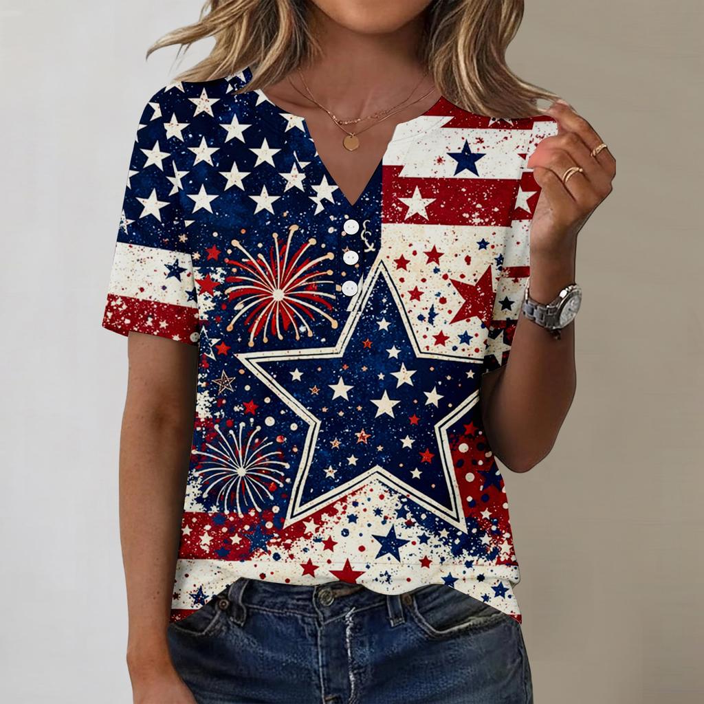 Women's fashionable casual short-sleeved Independence Day print V-neck top