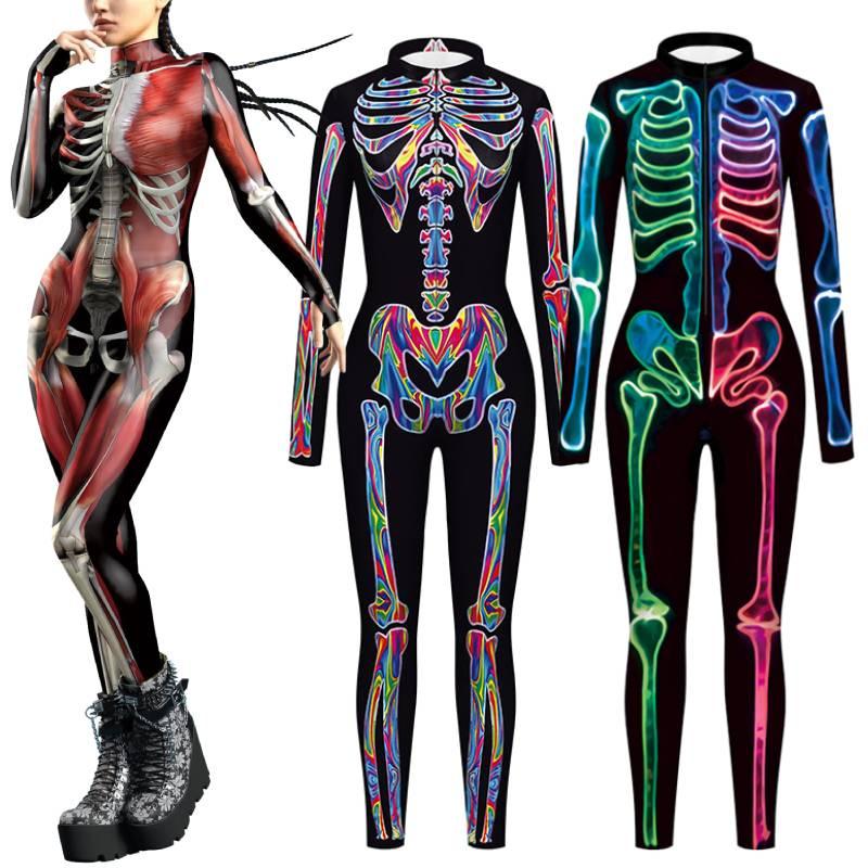 Colorful Skeleton Bodysuit For Halloween Unique Digital Print Jumpsuit
