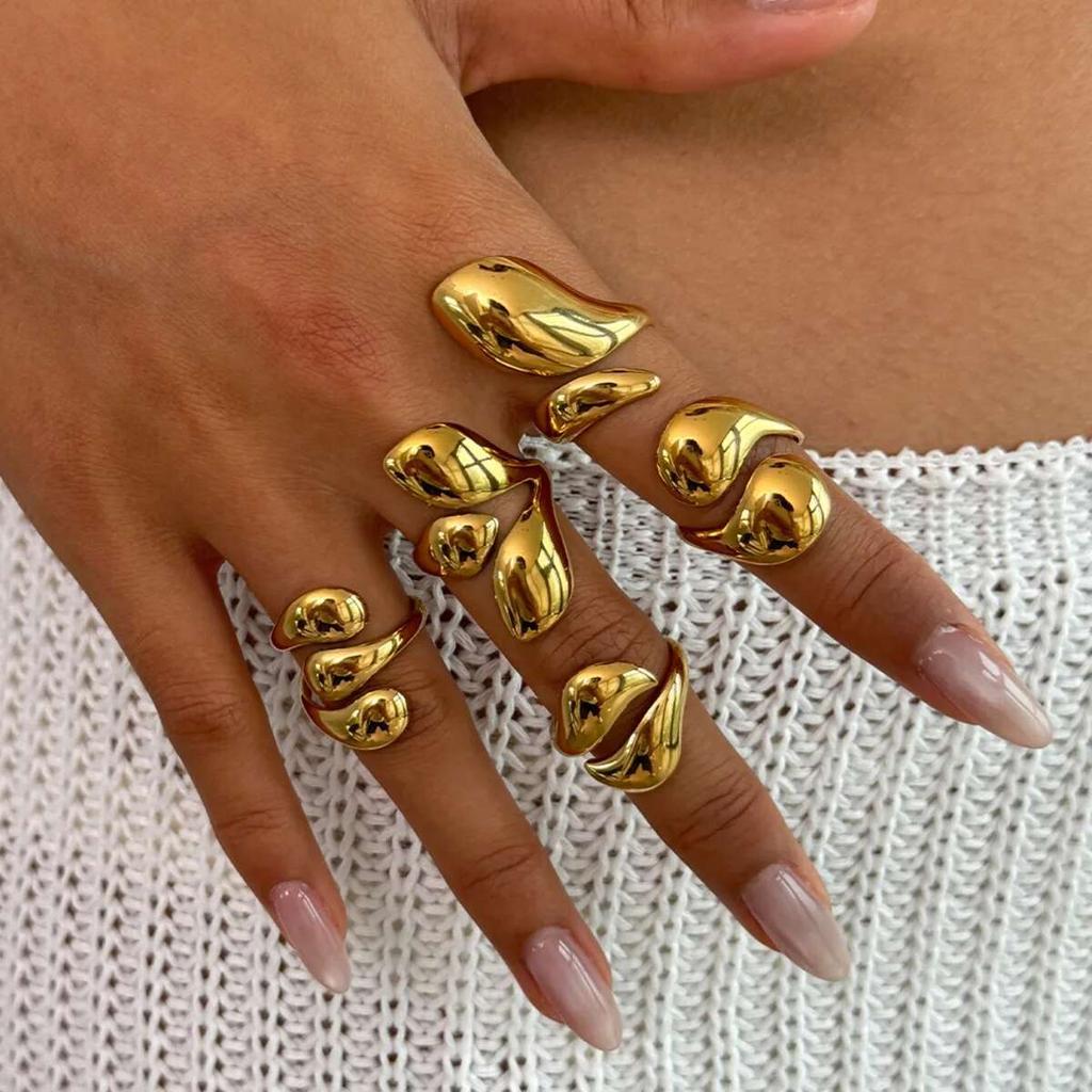 Ingemark 5Pcs/Set Vintage Irregular Droplet Shaped Open Rings Women 2026 Trendy Gold Color Chunky Thick Ring Aesthetic Jewelry