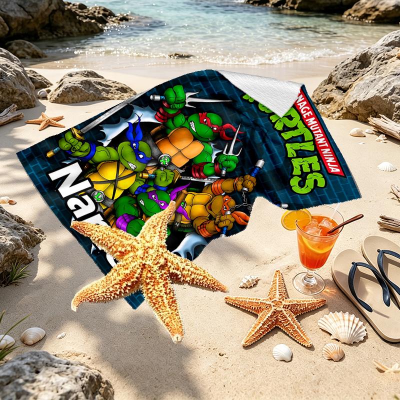 Custom Name Personalized Teenage Mutant Ninja Turtles Print Beach Towel, for Trip Camping Beach Party Home Decor, Birthday Gift for Family & Friends