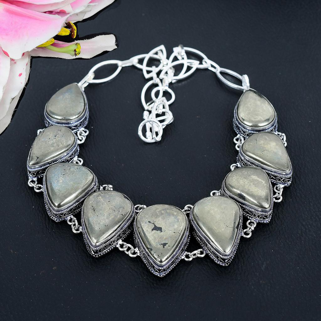 Pyrite Agate Gemstone Handmade 925 Sterling Silver Jewelry Necklace 18" KG-1656