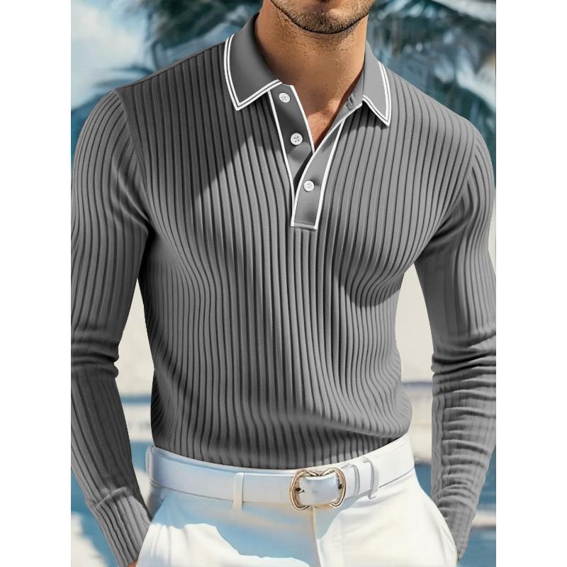 Men's White Ribbed Knit Contrast Trim Long Sleeve Polo Shirt