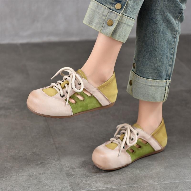 Johnature Mixed Colors Hollow-out Sandals Genuine Leather Lace Casual Flat Women's Shoes