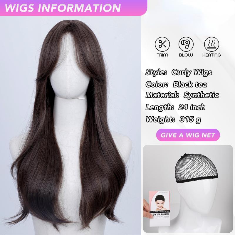 24 Inch Black Tea Curly Wigs Thick Bangs Separated Fiber Synthetic Heat-resistant Natural Party or Selfie For Women Korean Fashion