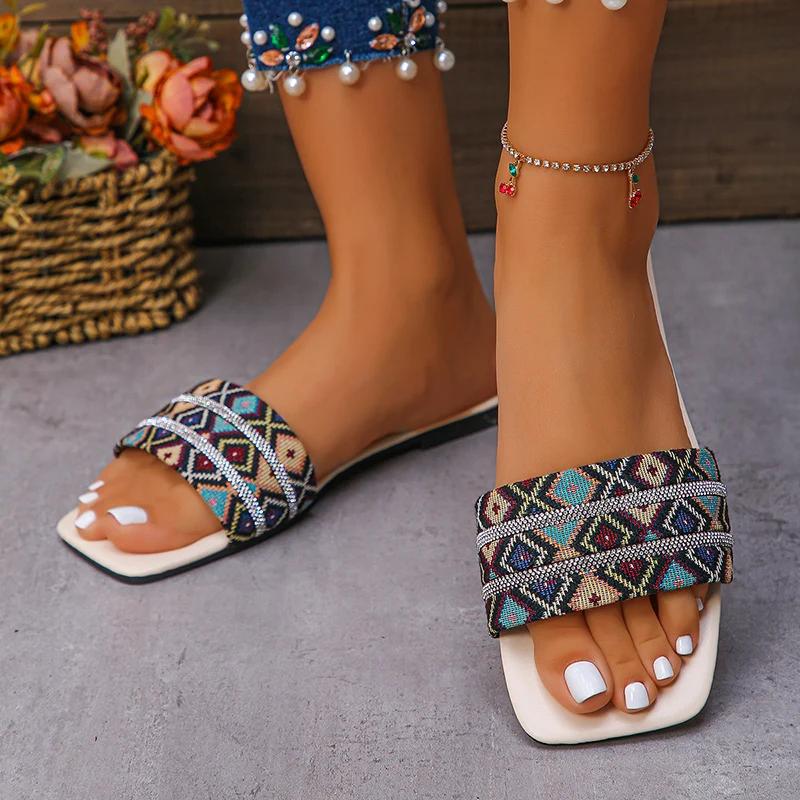 Fashion Bohemian Mix Color Flat Slides for Women Retro Square Toe Low Heel Slippers Woman Summer Beach Soft Bottom Slippers Female