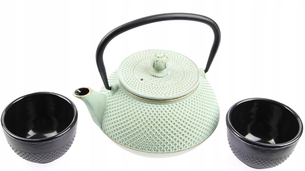 0.8L CAST IRON TEA TEAPOT INFuser 2x Enameled Cups