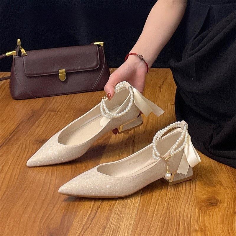 

Мэри Джейн туфли на толстом каблуке женские не уставшие ноги основное свадебное платье свадебные туфли острый нос жемчужный ремешок бант туфли для подружки невесты невесты 39