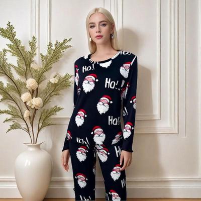 Kadın Avrupa & Amerikan Tarzı Noel Pijama Takımı – Uzun Kollu Üst & Baskılı Pantolon