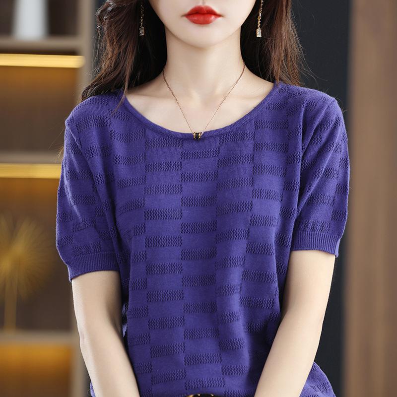 Letni T-shirt z krótkim rękawem z czystej bawełny dzianinowy dla kobiet z okrągłym dekoltem wkładany luźny casualowy ażurowy kwiat szydełkowy koszulka bazowa z krótkim rękawem