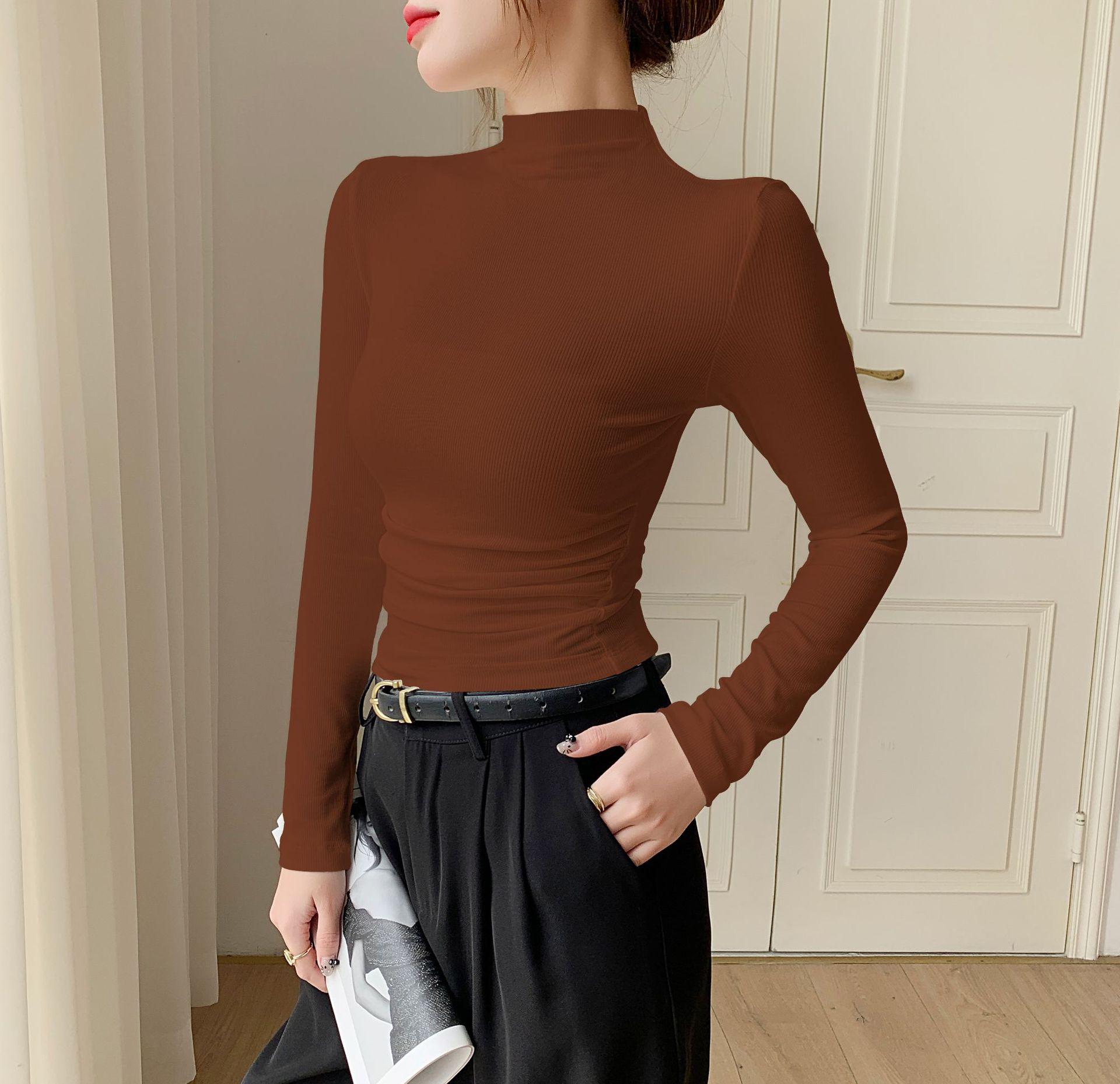 

Женский облегающий топ с рубчиком, полувысоким воротником и длинными рукавами - Осень/Зима, закрывающий пупок, нижнее белье XL【Recommended for 114-125 lbs】