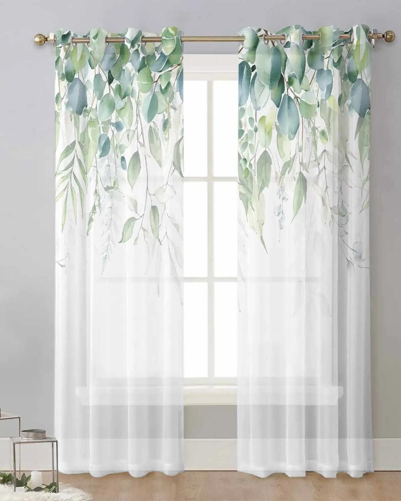 

Акварельные цветы, растения, листья, синий тюль, занавески для гостиной, кухни, прозрачные шторы на окна, вуаль, шторы с люверсами W65X60H(cm)X2Pcs&Grommet Top