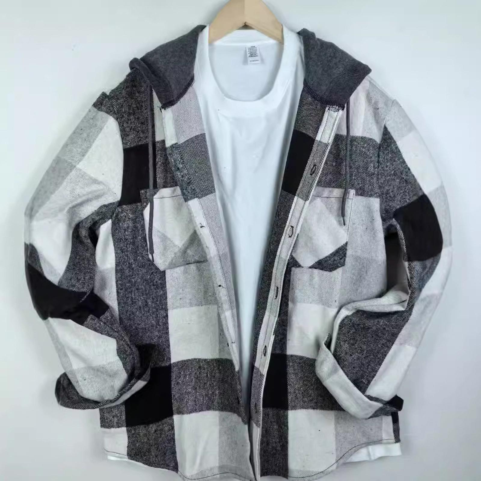 

Мужской полосатый клетчатый повседневный свободный кардиган-рубашка с капюшоном на пуговицах с лацканами и длинными рукавами XXXL белый