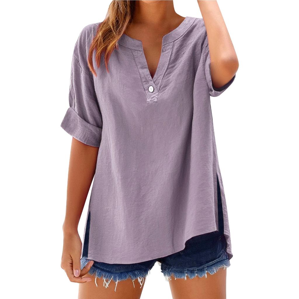 Women's Summer Tops Fashion Button Large Size Cotton and Linen Shirts