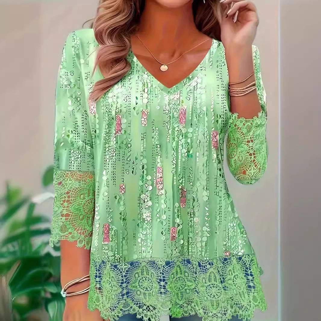 

2025 new women s clothing casual pullover V-neck lace top T-shirt 1XL зелёный