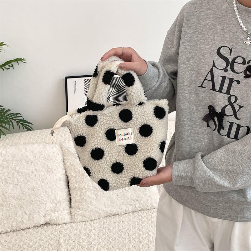 11 Neue Winter Plüschtasche Damen Bento Tasche Punktmuster Einkaufshandtasche für die Arbeit Pendlerhandtasche