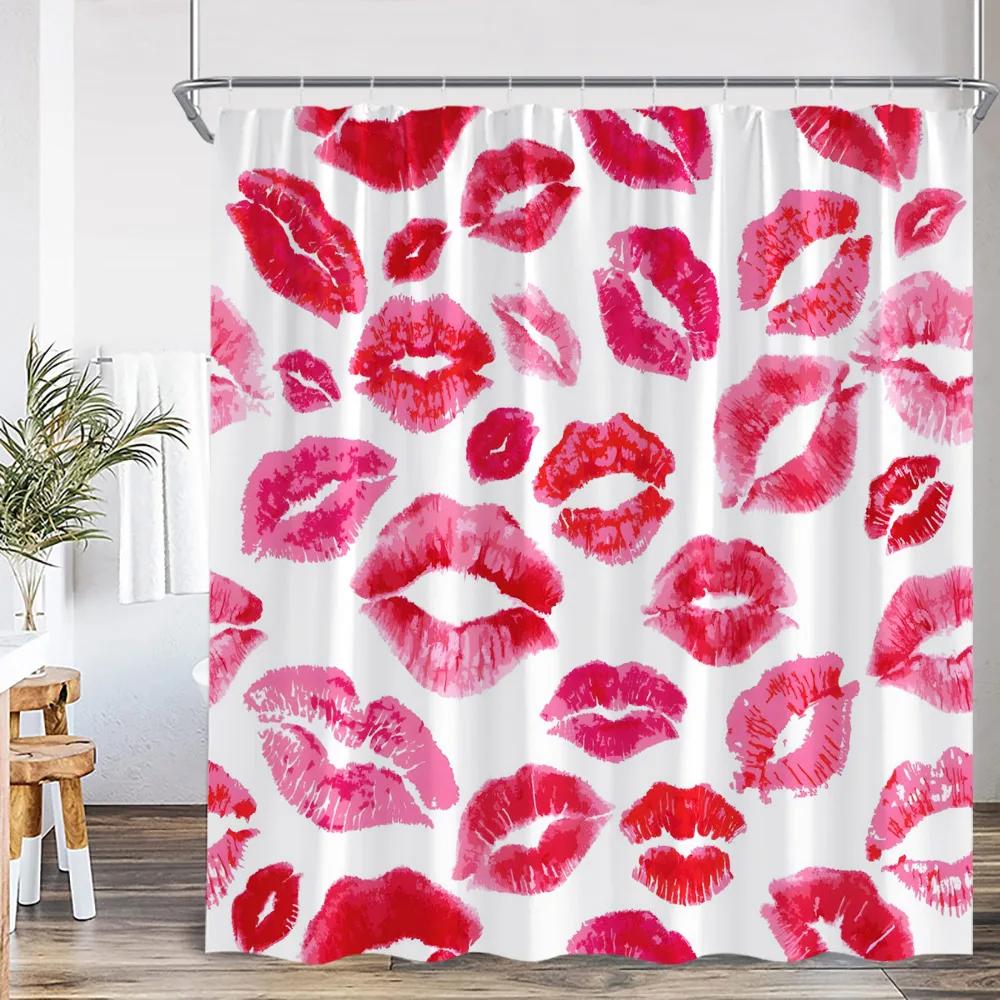 Rote High Heels Duschvorhänge Kosmetik Rote Lippen Rosa Badezimmerdekorationen Modernes Mode-Mädchen Schönheit Badevorhang mit Haken