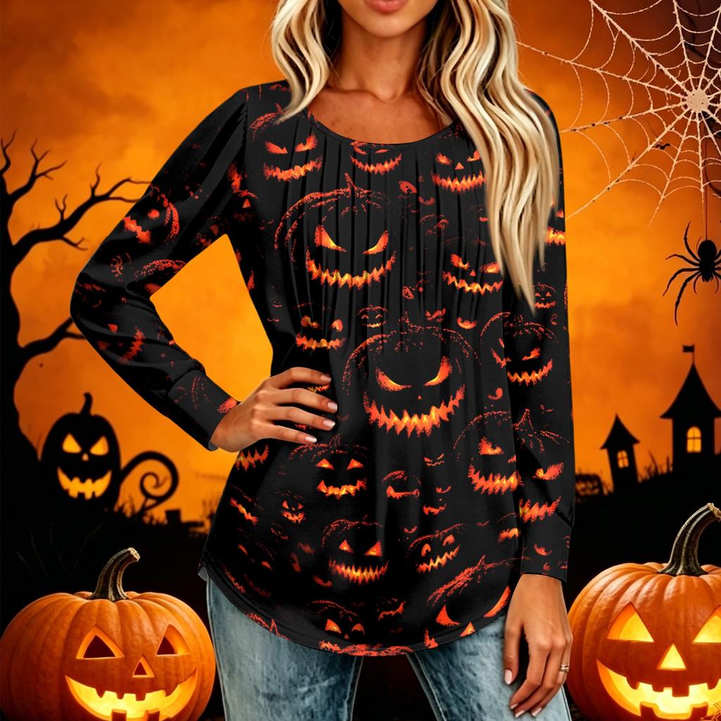 Women's Casual Long Sleeve T-Shirt Pleated Round Neck Halloween Pumpkin Print Top Lightweight Comfortable Fit