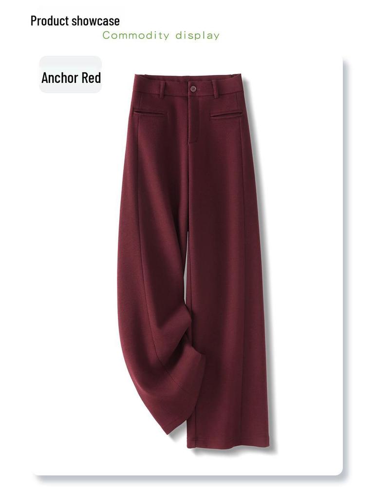 Ancola Women's Red Wool Pants: 2024 Autumn/Winter Plus Velvet Straight-Leg Wide-Leg Style