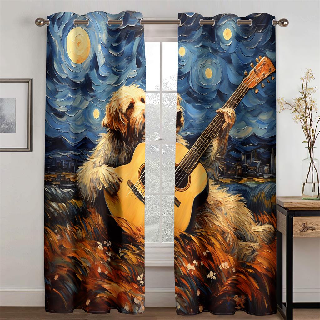 Pastoral Collie Guitar Curtains Van Gogh Oil Painting Style Living Room Bedroom Balcony Windows Decorative Curtains 2 Pcs