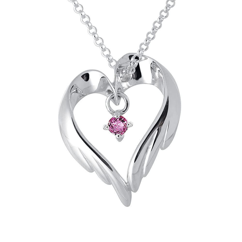 Future Choose from 12 heart and feather silver pendant necklace for women Rhodolite Angel birthstones, design, (January Garnet)