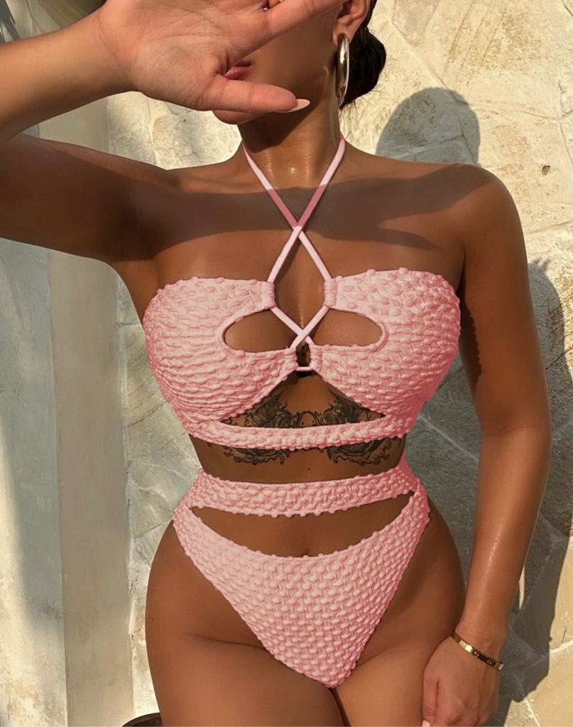 Damen Badeanzug Einfarbig Neckholder zum Binden Hohe Taille Getrennter Badeanzug Bikini Strandbekleidung Badeanzüge
