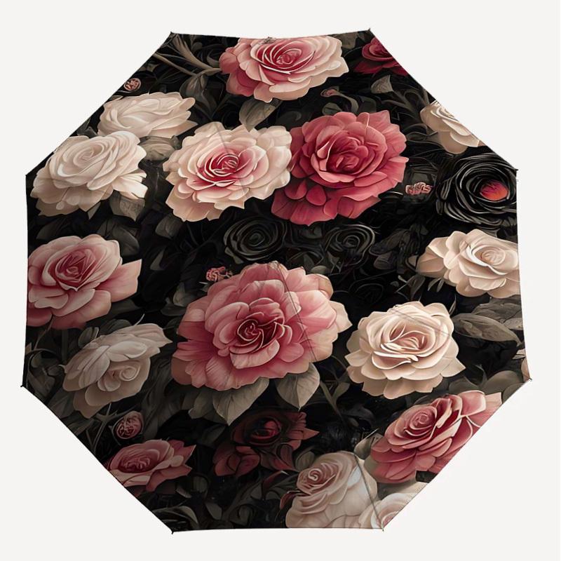 1 Stück Rosenblumen Automatisches Öffnen/Schließen Regenschirm Kompakter Faltregenschirm mit 8-Speichen-Gestänge Leichtes Design, Hochwertiges Gewebe1191A