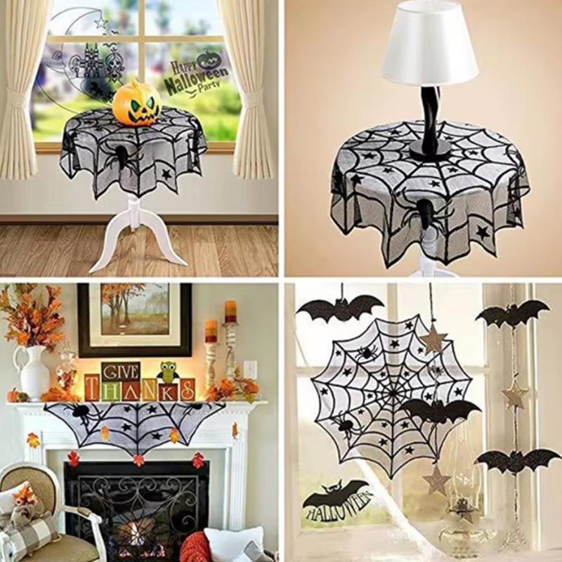 Halloween Decoration Lace Spider Web Skull Tablecloth Black Fireplace Shawl Scarf Spider Web Fireplace Curtains Decoration Cloth