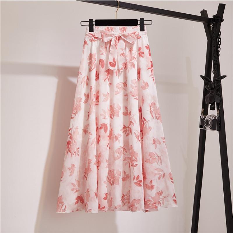 Bohemian Chiffon Half-length Dress for Spring and Summer Mid Length High Waist Fairy Floral Large Swing Skirt Beach Skirt