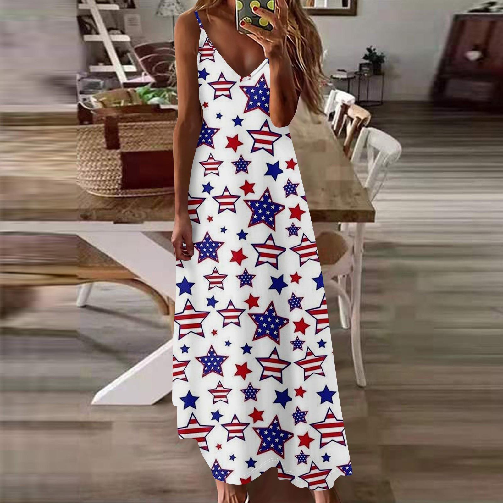 

Women s Loose Independence Day Casual Slim V-neck Solid Color Imitation Cotton Fashion Overalls Skirt XXL