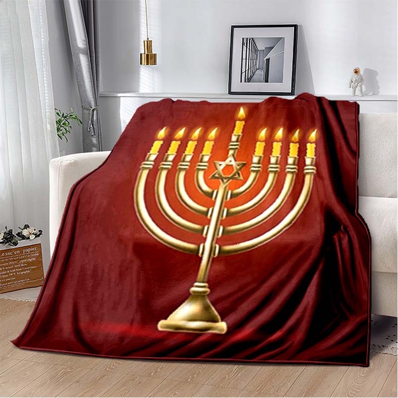 Nine Candles Menorah Embedded Star David Gradient Burgundy Soft Flannel Throw Blanket Jewish Hanukkah Religious Sofa Bed Warm Decor Cover