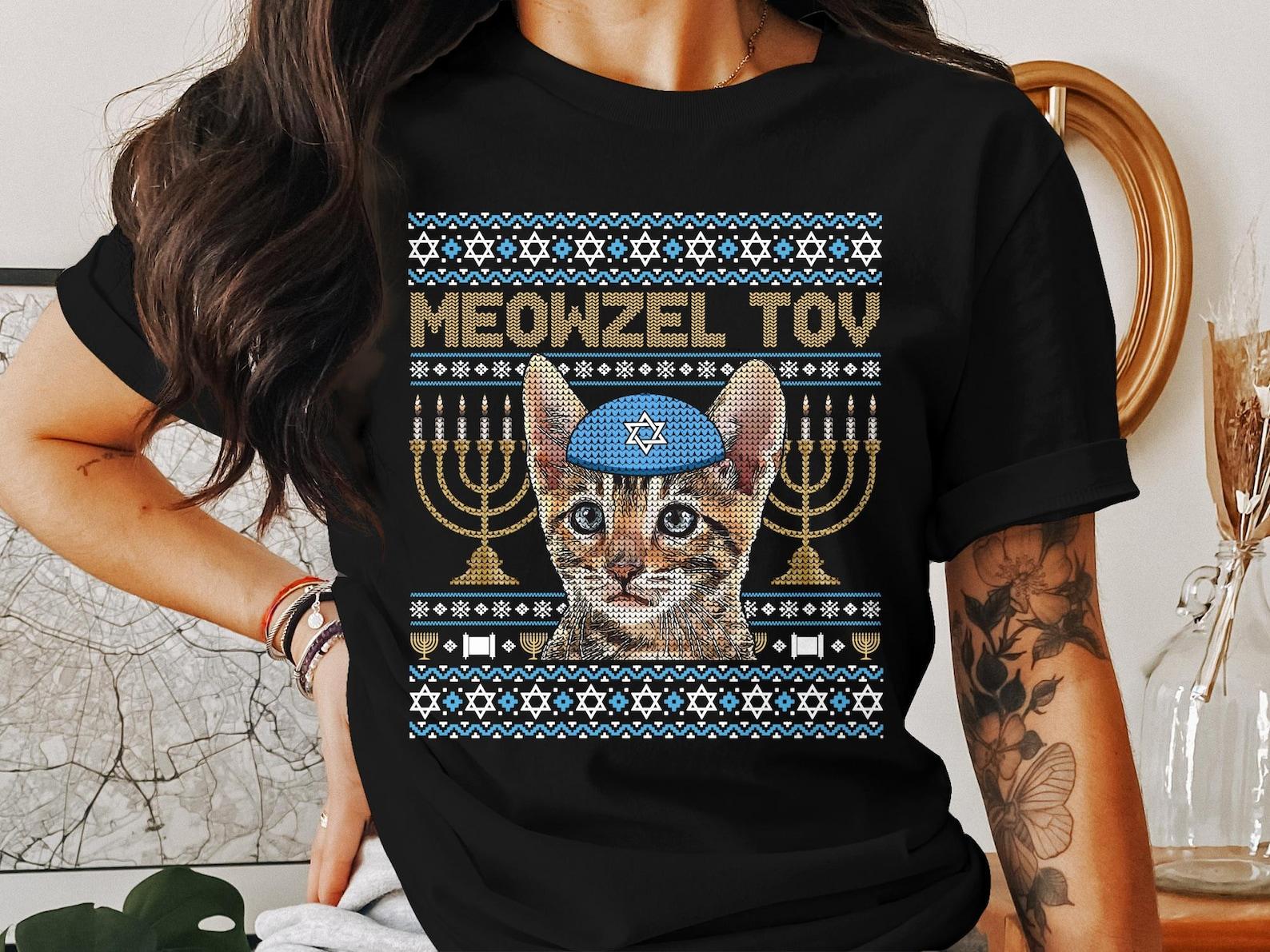 Hanukkah Jewish Holiday T Shirt Meowzel Tov Cat T Shirt Novelty Menorah Cat T Shirt Funny Hanukkah Gift Unisex T Shirt S