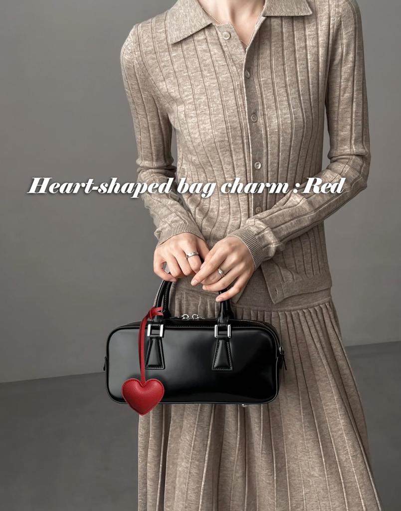Heart-shaped bag charm keychain with black leather cord. Korean style. Women's bag decoration. Cute and stylish leather chain. A great gift for women.