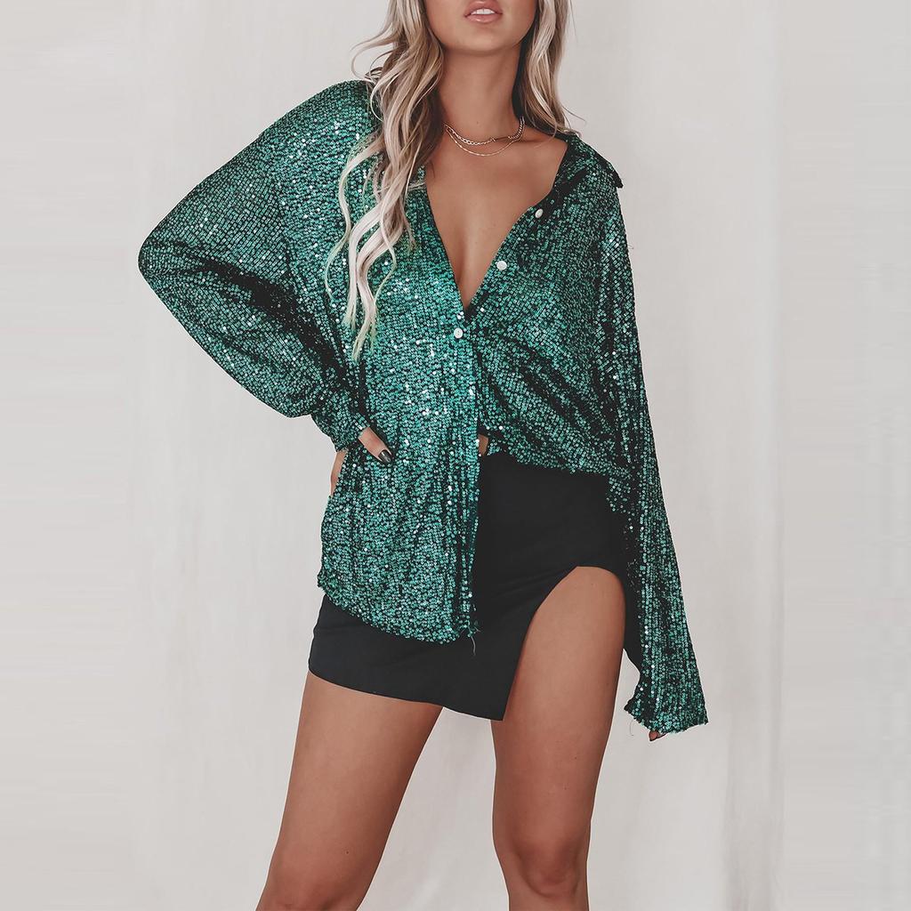 "Women's Sequin Lapel Long Sleeve Cardigan Shirt Jacket - 2024 Spring/Summer European & American Style"