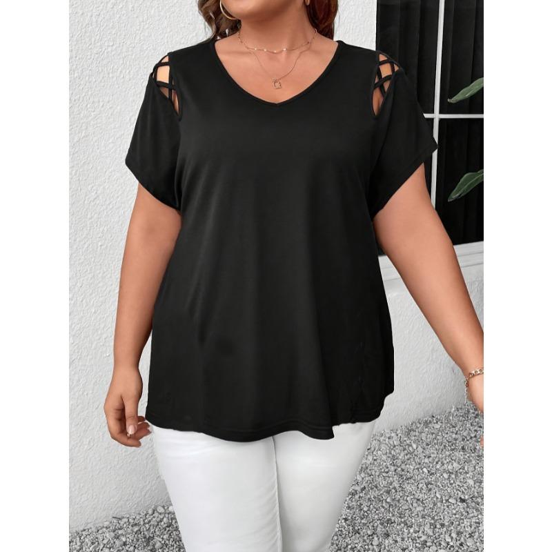 Zomer Nieuwe Casual Elegante Blouse met Kruisbanden Mode Casual Top Grote Maat Effen Kleur Zoet V-hals Uitgesneden Overhemden Korte Mouw Basis Kleding