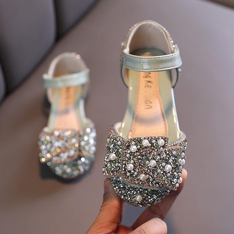 

Girls’ Single Shoes Spring/Autumn New Arrival Pearl Rhinestone Bow Small/Middle Child Dance Shoes Performance Shoes Semi-open Shoes 36 зелений