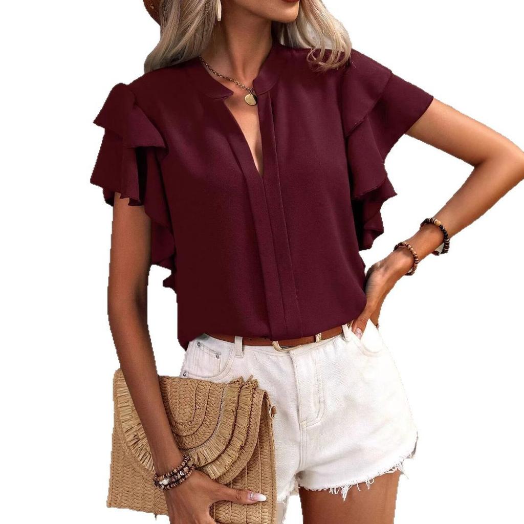 Summer V-neck Casual Design Style and Temperament Top Solid Color Women’s Blouses & Shirts