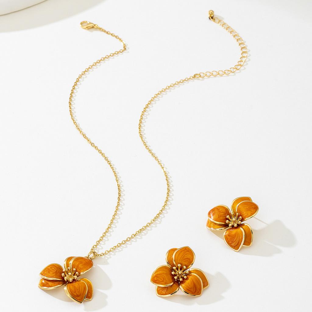 Temperament Color Enamel Drop Flower Jewelry Set for Women Gold Plated Petal Clavicle Necklace Earrings Party Charm Decor