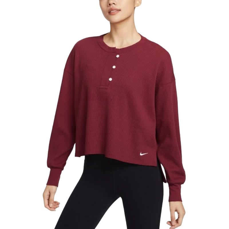 Nike Sportswear Luxe Waffle Long Sleeve Crew Women Tops Dark-Red HV8466677