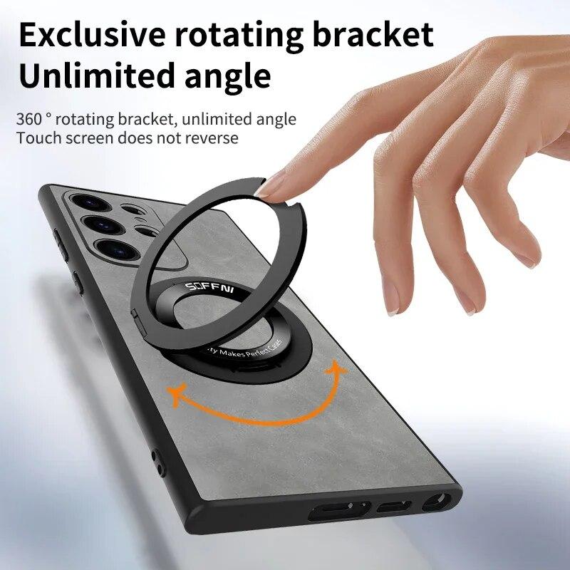 For Samsung Galaxy S23 S22 S21 Ultra Magsafe Case Wireless Charging Ring Holder Plain Leather Matte Magnetic Shockproof Cover