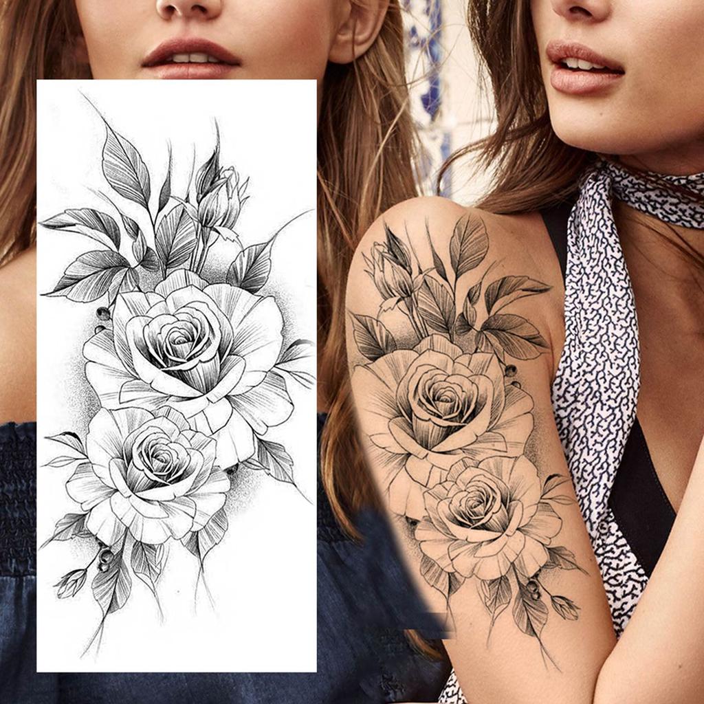 1 Sheet Black Flower Temporary Tattoos For Women Girls Realistic Fake Flora Floral Peony Tattoo Sticker Body Art Painting Decal