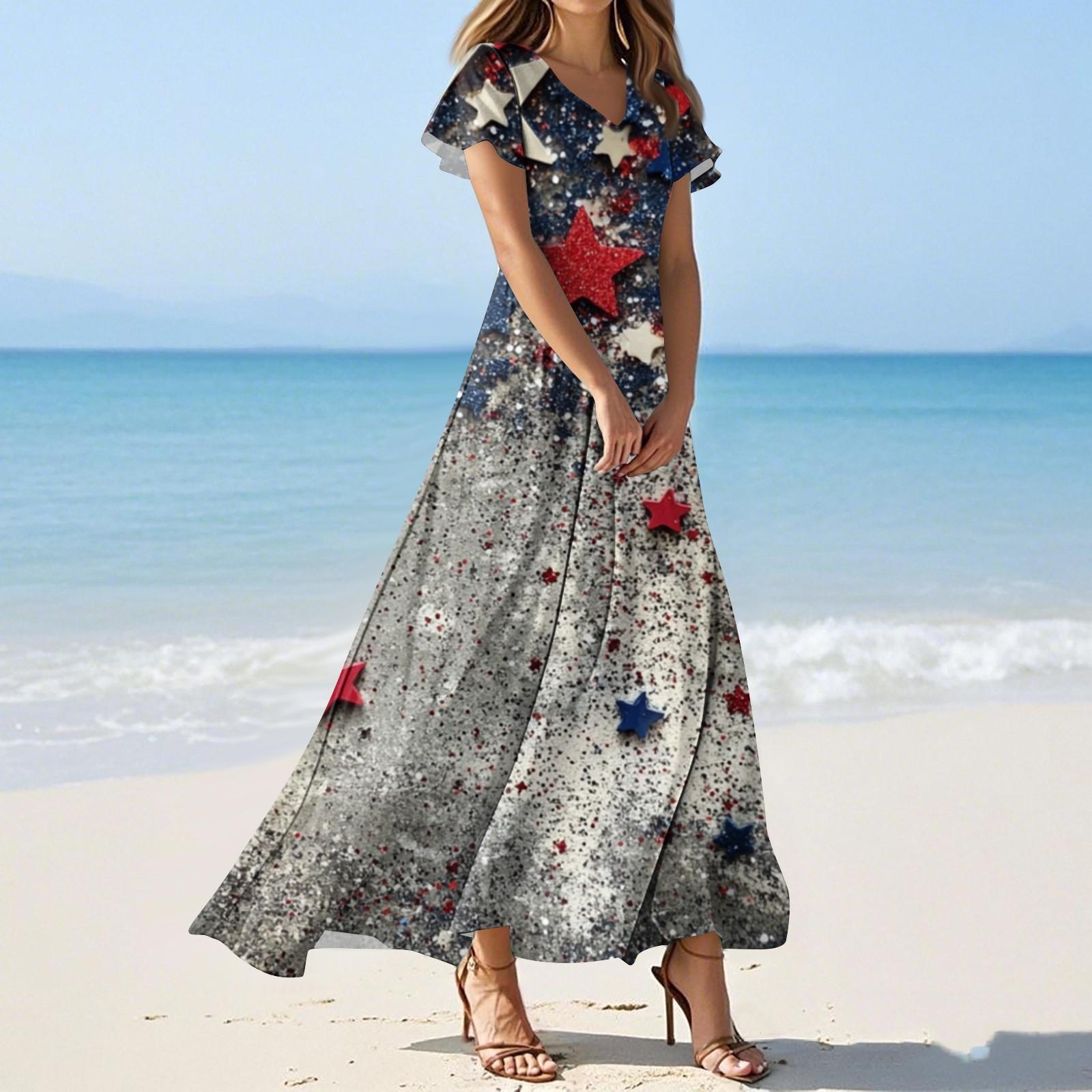 

Женские летние повседневные модные платья с принтом ко Дню независимости, платья с коротким рукавом и V-образным вырезом M