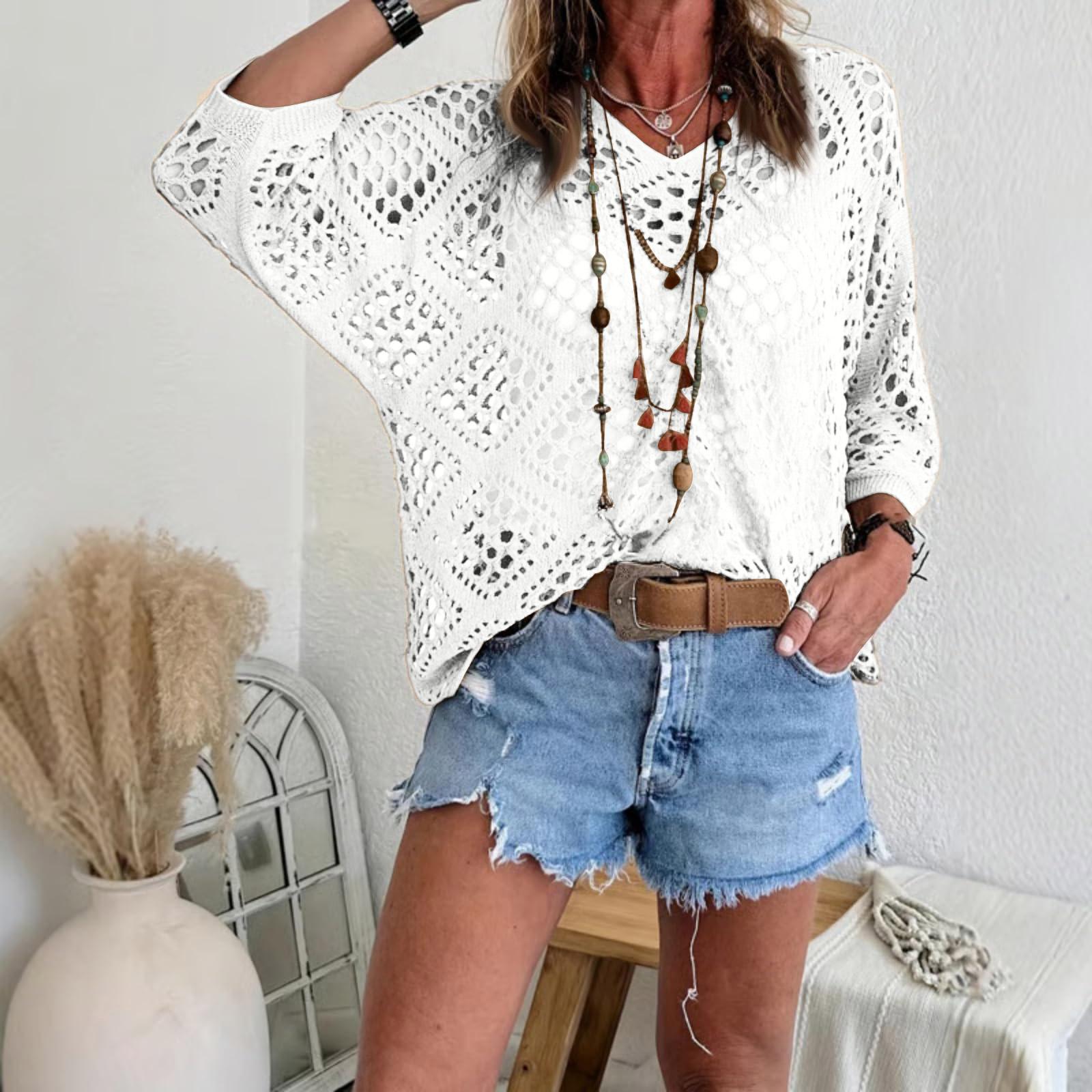 

Womens V Neck Batwing Sleeve Hollow Out Knit Pullover Sweater Loose Fit Lightweight Diamond Pattern Top for Layering XXL білий