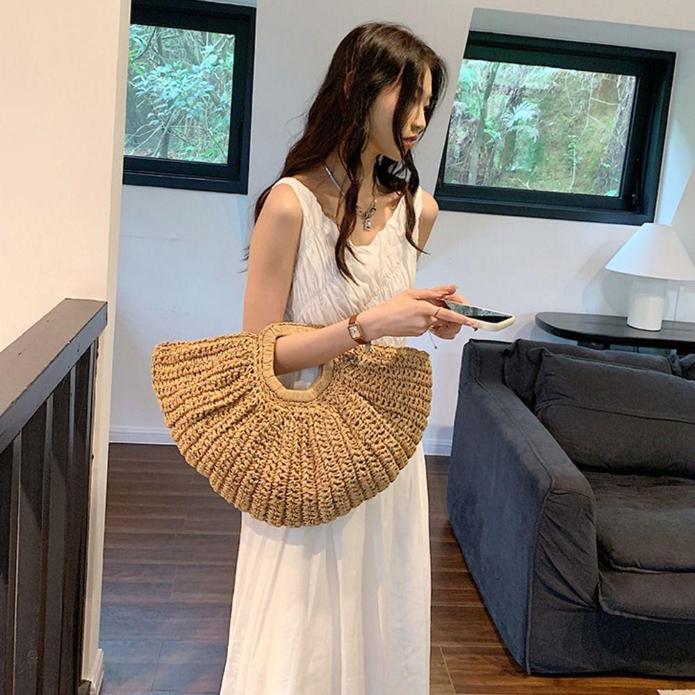 Handmade Weave Tote Bag Large Capacity Summer Beach Handbag Casual Grass Woven Bag Girls