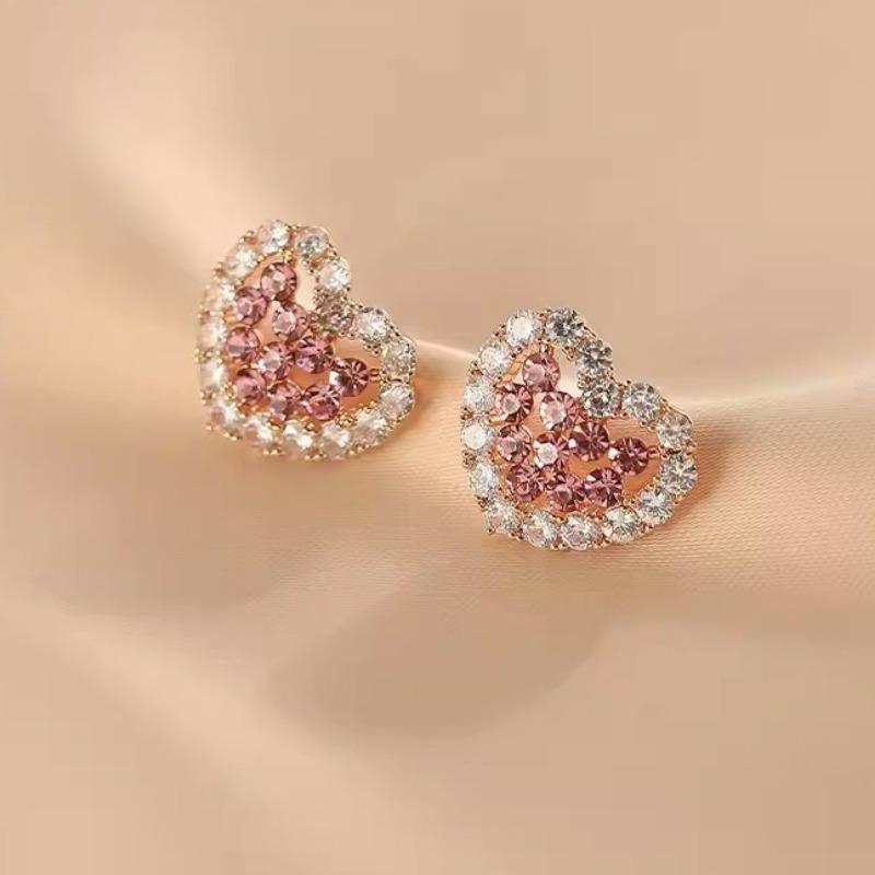 1 pár růžových diamantových doplňků do náušnic ve tvaru srdce a jemného lesního stylu